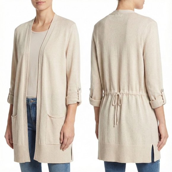 OLSEN Linen Cotton Blend Open Front Cardigan Drawstring Back Roll Tab Sleeves 12 - Picture 1 of 12